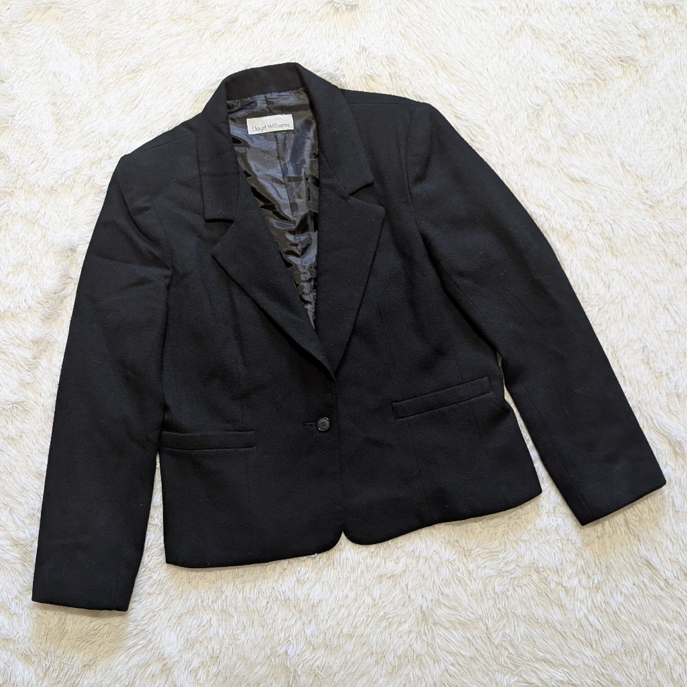 80s Vintage Lloyd Williams Black 100% Wool Classic Single Button V Neck Blazer